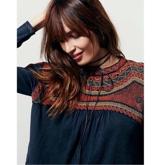 Free People Snow Bunny Boho Burnt Orange Embroidered Boxy Swing Top - Picture 5 of 12